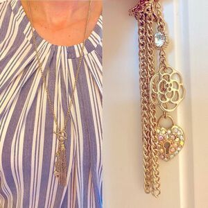 Gold tone layered Lariat Necklace locket charm Rose Aurora borealis rhinestone